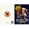 Full digital oversikt over for- og baksiden av pop-art kortet Happy Birthday Chef, som viser en grillkonge på en flat jordklode i verdensrommet og baksiden med QR-kode.