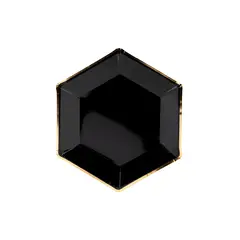 Papptallerkener Hexagon svart m/ gullkant, 6 stk.