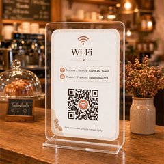 Eksklusivt gjennomsiktig akrylskilt for Wi-Fi med QR-kode stående på en trespisested-disk i en koselig kafé.