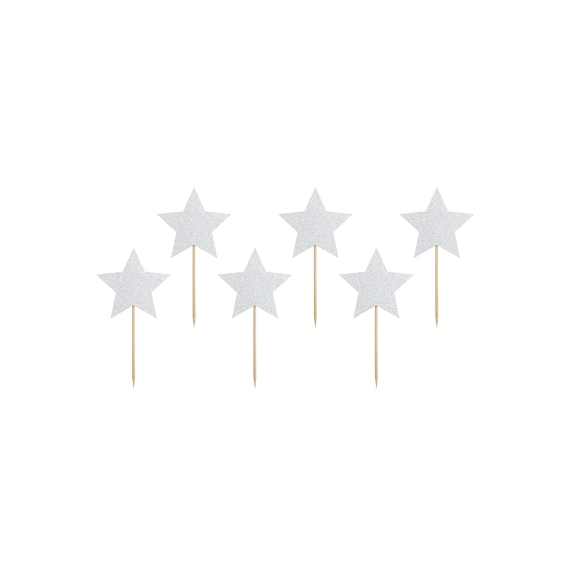 Cupcake toppers stjerner sølv glitter, 6 stk.