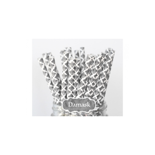 Papirsugerør Damask svart, 25 stk.