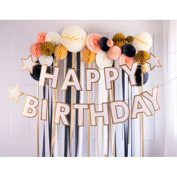 Banner Happy Birthday hvit/gull, 2,2 m