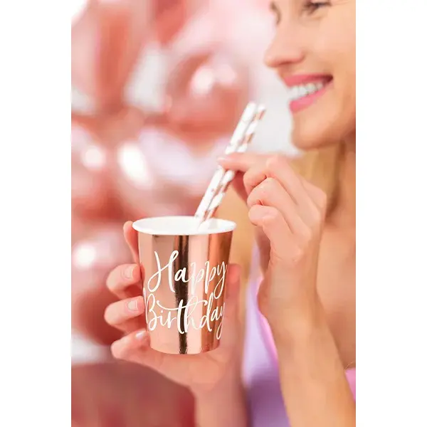 Pappkopper Happy Birthday rosegull, 6 stk.