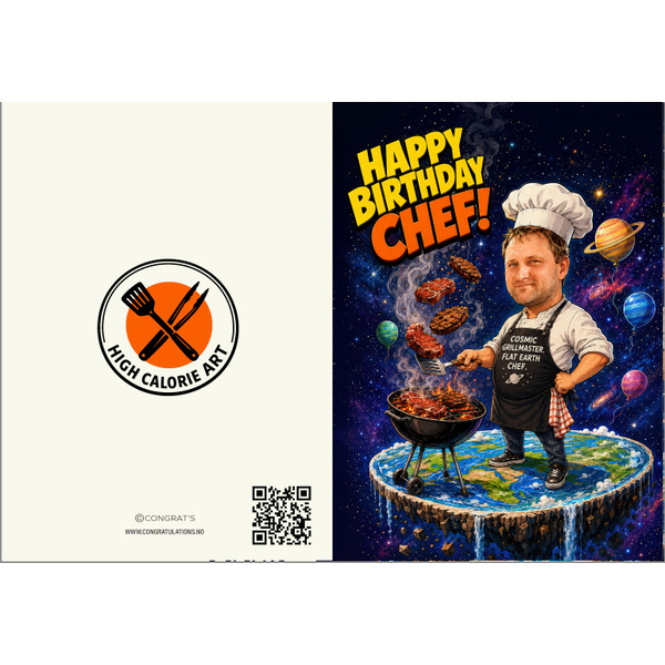 Full digital oversikt over for- og baksiden av pop-art kortet Happy Birthday Chef, som viser en grillkonge på en flat jordklode i verdensrommet og baksiden med QR-kode.