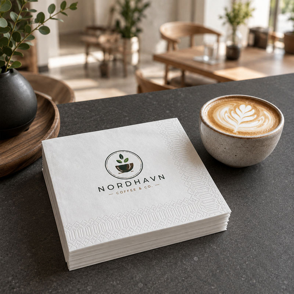 Hvite kaffeservietter med logo på en mørk bardisk ved siden av en kopp cappuccino med latte art