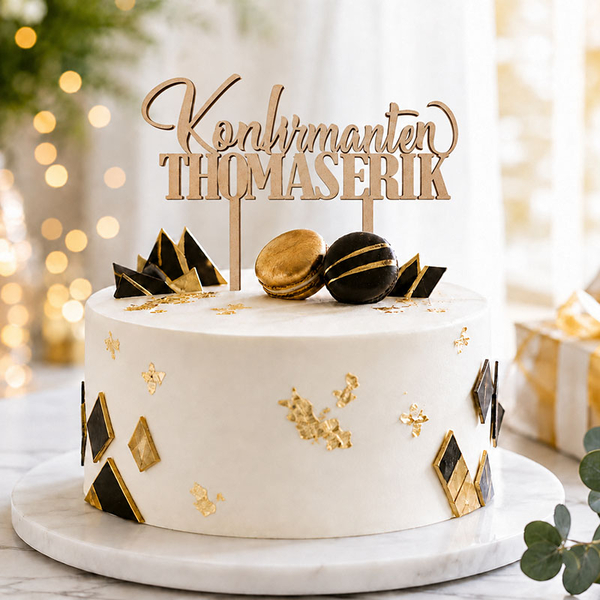 Personlig laserkuttet kaketopp i tre med tekst Konfirmanten Thomas Erik, plassert på en hvit konfirmasjonskake til gutt med gull og svarte detaljer