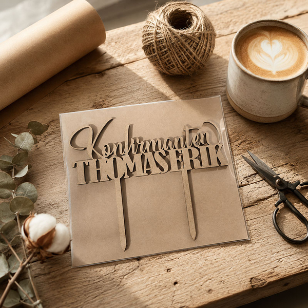 Personlig kaketopp i tre i emballasje på et verksted, klar til sending ved siden av jutesnøre, saks og en kaffekopp