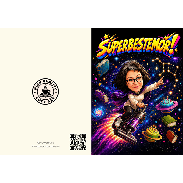 Full oversikt over for- og baksiden av pop-art kortet Superbestemor. Forsiden viser en herlig karikatur av en bestemor som flyr på en støvsuger i verdensrommet, og baksiden viser seriestempelet High Quality Cozy Art i en sirkel med en QR-kode.