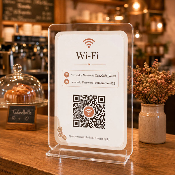Eksklusivt gjennomsiktig akrylskilt for Wi-Fi med QR-kode stående på en trespisested-disk i en koselig kafé.